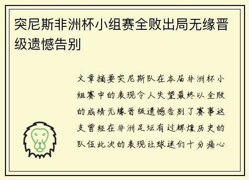 突尼斯非洲杯小组赛全败出局无缘晋级遗憾告别